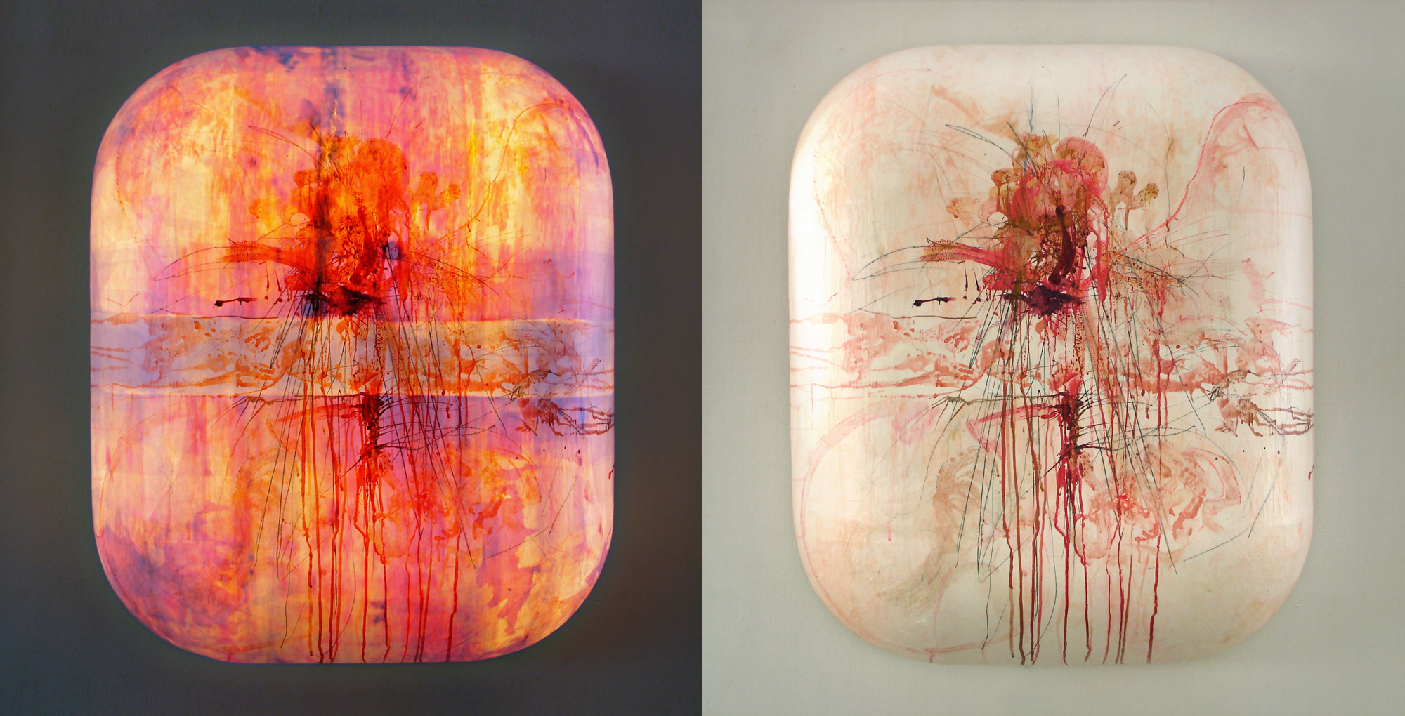 Leuchtobjekt (beleuchtet/unbeleuchtet) – Beizen und Ölfarben auf Papier, 83 x 70 x 21 cm I 2010