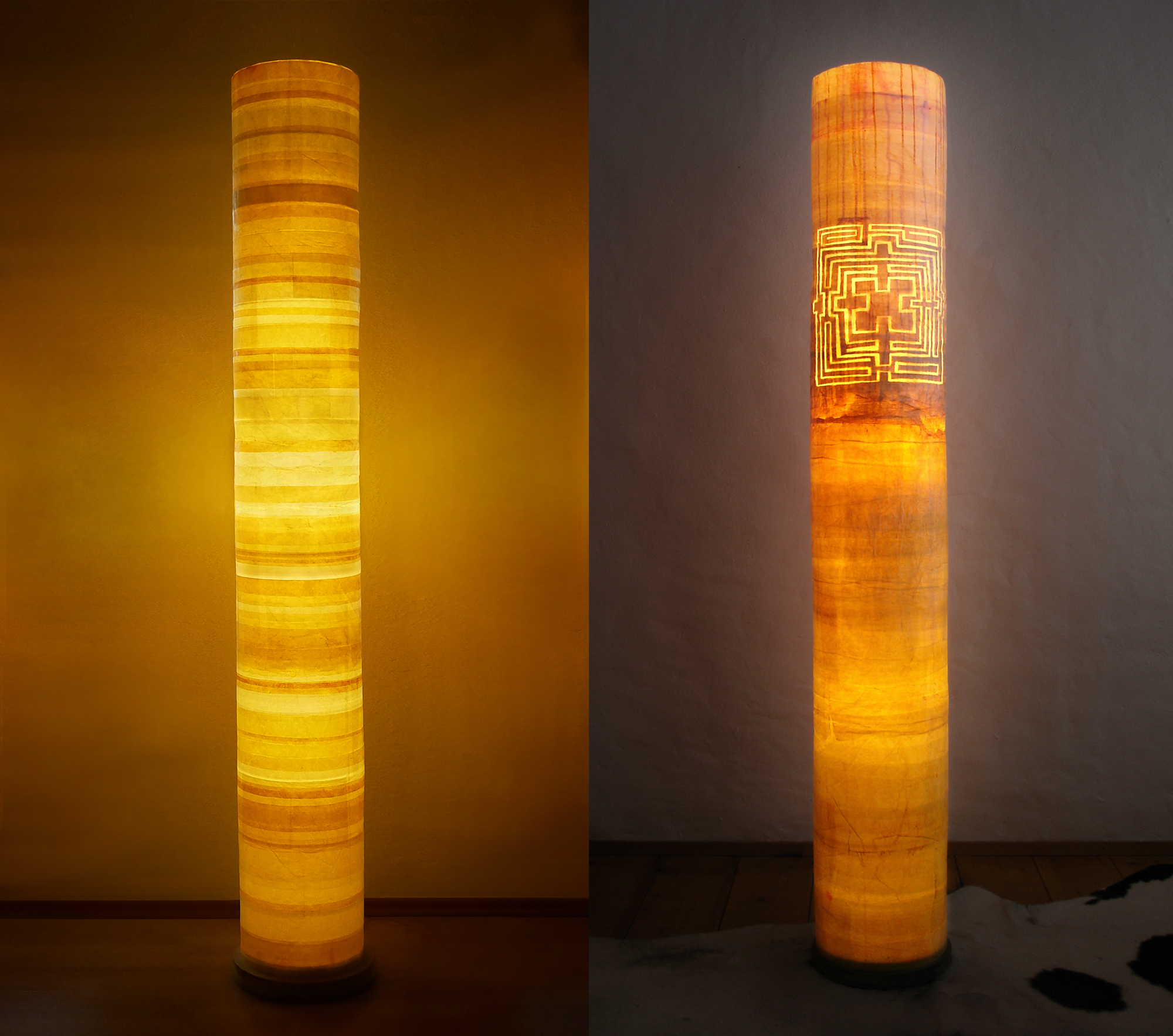 Leuchtsäulen - div Farben auf Papier, Holzsockel, 185 x 27 D cm I 2018