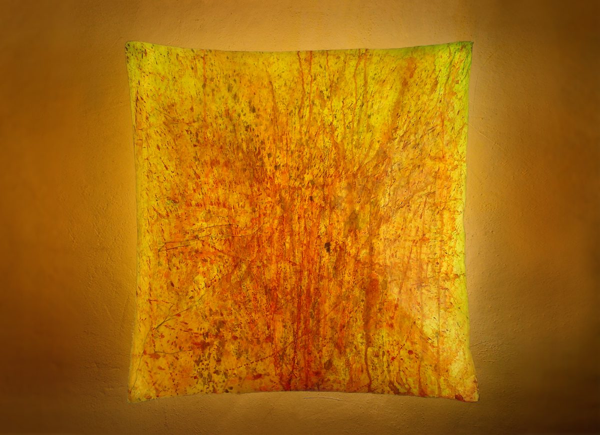 Leuchtobjekt – Beizen und Ölfarben auf Papier, 70 x 70 x 20 cm I 2008