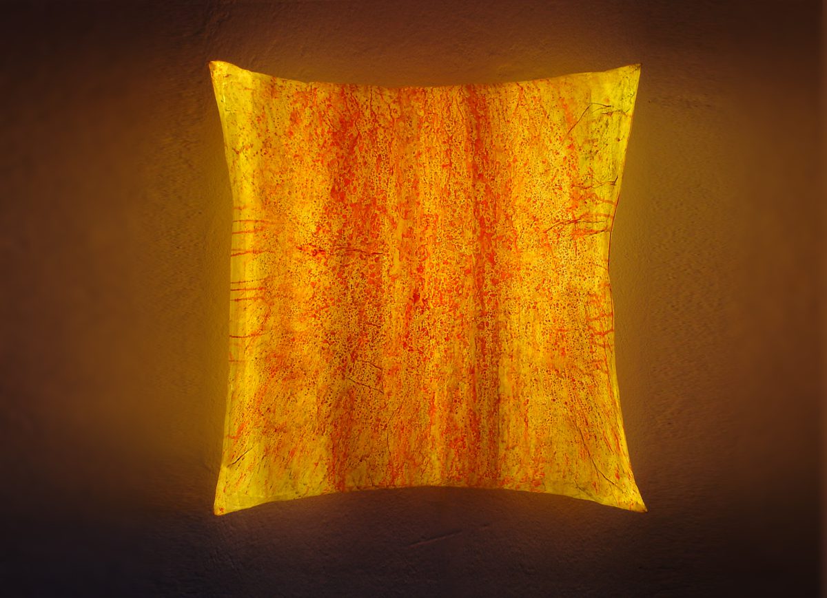 Leuchtobjekt – Beizen und Ölfarben auf Papier, 70 x 70 x 20 cm I 2008